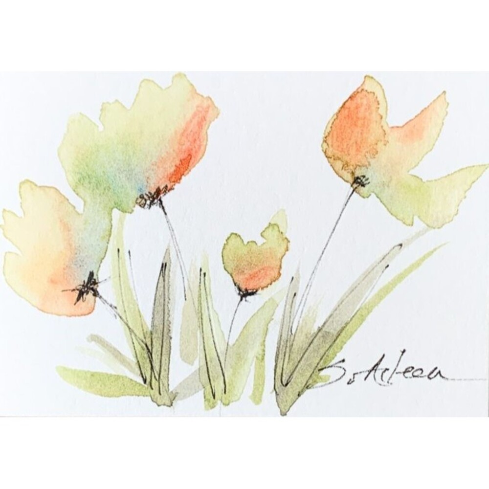 ACEO Painting Loose Watercolor Flowers Bouquet Green Leaves Botanical II Signed